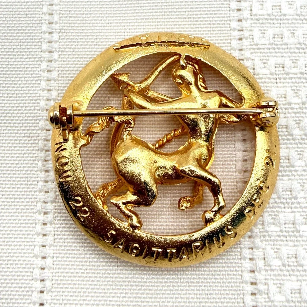 Vintage PARK LANE Gold Tone Sagittarius Archer Zodiac Celestial Round Brooch Pin